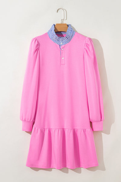 Trendy Women's Pink Striped Mini Dress with Puff Sleeves, Ruffle Hem & Contrast Collar Perfect for Summer Events