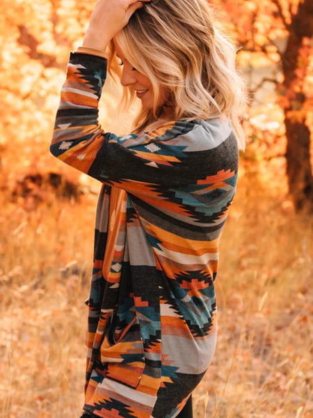 Orange Tribal Aztec Print Western Cardigan