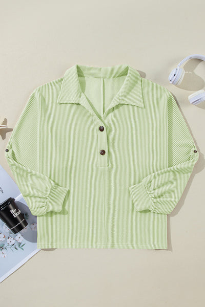 Aqua Oversized Ribbed Henley Top for Women with Roll-Up Sleeves - Stylish, Comfy, and Versatile for Everyday Wear