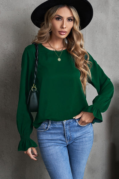 Women's Hunter Green Smocked Cuff Blouse with Bubble Sleeves