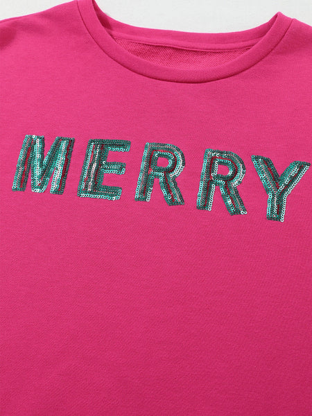 Sequin Merry Christmas Pink Patchwork Sweatshirt with Strawberry Tree Details