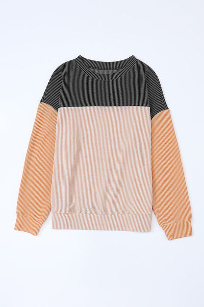 Stylish Women's Black Color Block Ribbed Long Sleeve Top - Relaxed Fit for Effortless Casual Comfort