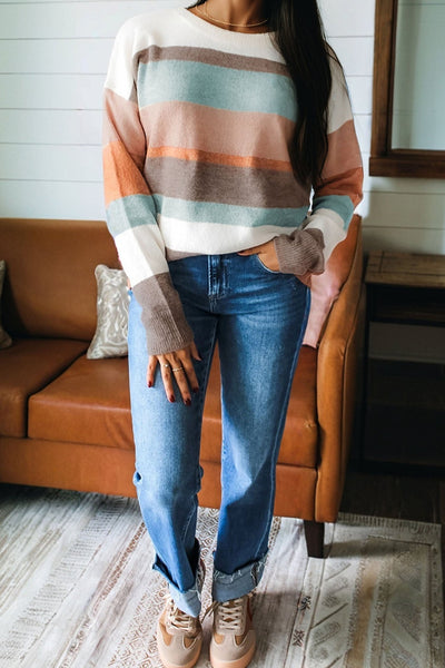 Women's Multi-Color Striped Drop Shoulder Knit Sweater