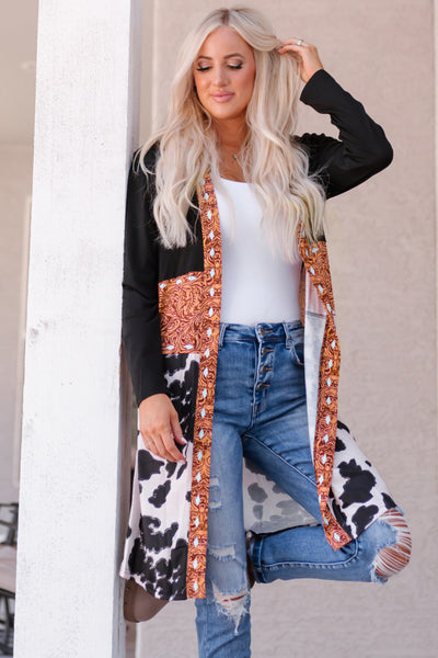 Chic Women's Black Cow Print Patchwork Cardigan - Cozy Open Front Layer for Trendy Western Style Outfits