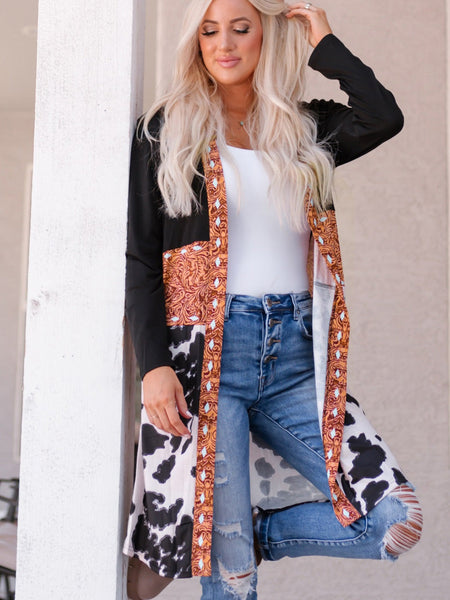 Cow Print Western Style Patchwork Cardigan