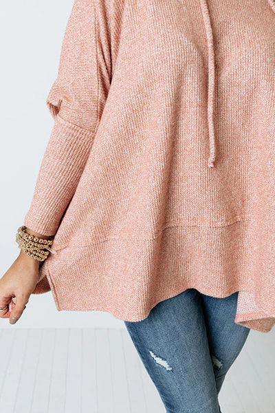 Stylish Apricot Pink Oversized Cowl Neck Knit Top for Women with Side Slits and Cozy Drawstring Detail
