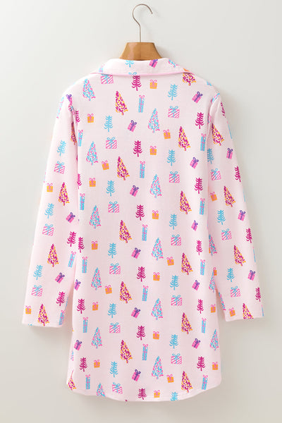 Cozy Women's Pink Christmas Sleep Dress with Twinkle Tree Print - Relaxed Fit Holiday Nightwear for Festive Comfort