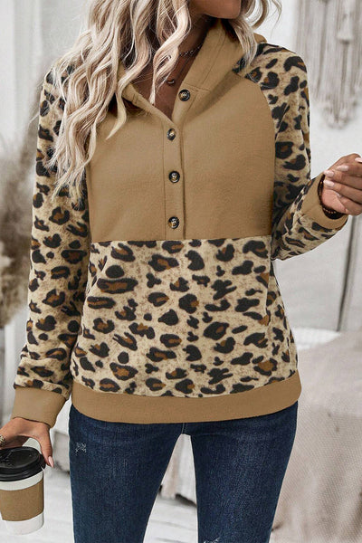 Light Beige Leopard Print Patchwork Hoodie for Women - Casual Raglan Sleeve Design with Half Buttons