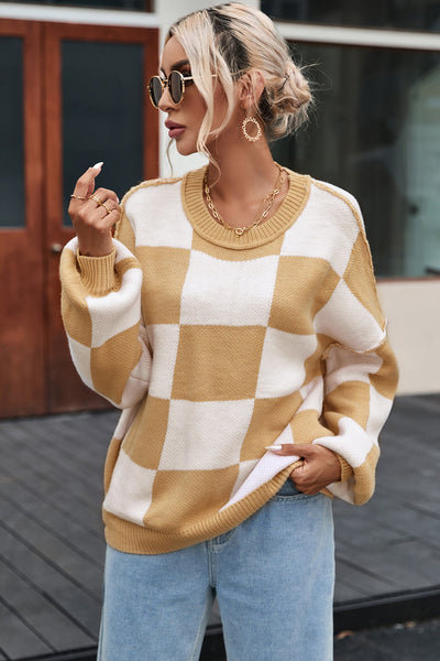 Cozy Women's Khaki Checkered Bishop Sleeve Sweater - Trendy Knit Top for Fall Fashion & Casual Outings