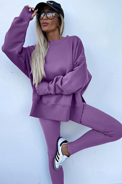 Chic Orchid Mist Oversized Sweatshirt & Ribbed Leggings Set for Women - Cozy Activewear for a Stylish Look