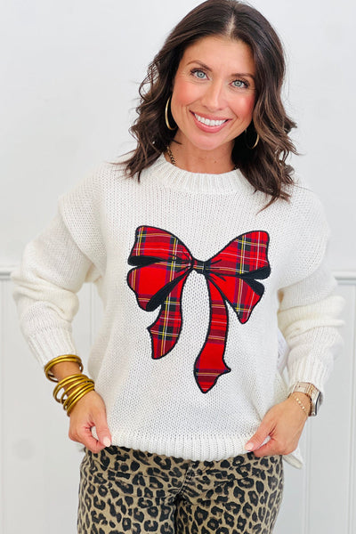 Cozy Women's White Plaid Bow Graphic Sweater - Loose Fit for Festive Holiday Style and Comfort