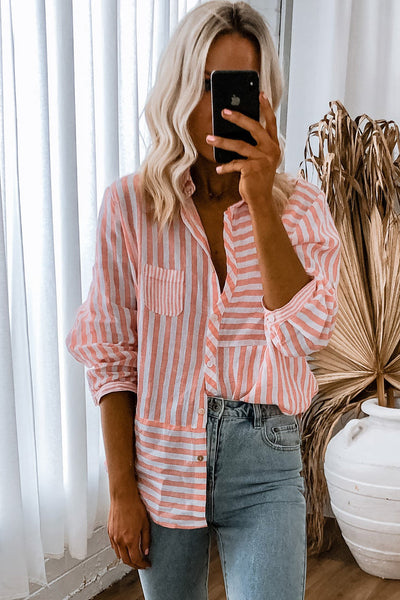 Women's Casual Long Sleeve Pink Striped Button-Up Shirt - Stylish Everyday Top for Effortless Outfits