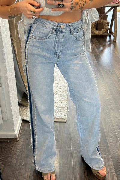 Trendy Casual Women's Frayed Patchwork Shift Jeans in Beau Blue with Stylish Contrast Stripe Side Panels