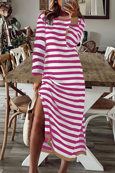 Women's Rose Stripe Long Sleeve Midi Dress with Contrast Edges and Side Slits - Stylish, Chic, and Comfortable