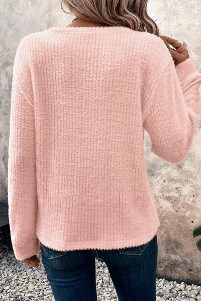 Cozy Light Pink Fuzzy Ribbed Long Sleeve Sweater for Women - Casual Chic Round Neck Top for Effortless Style