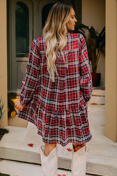 Trendy Women's Red Plaid Mini Dress with Frilly Collar & Long Sleeves - Perfect for Casual Outings and Everyday Wear