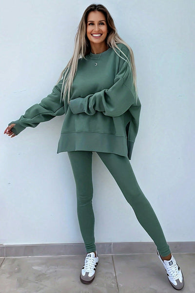 Cozy Women's Green Oversized Sweatshirt & Ribbed Leggings Set - Casual Chic 2-Piece Outfit for Effortless Style