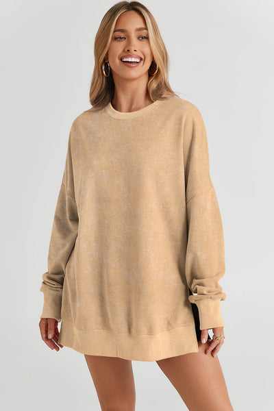 Casual Women's Oversized Khaki Sweatshirt with Drop Shoulders & Ribbed Trim for Effortless Comfort and Chic Style