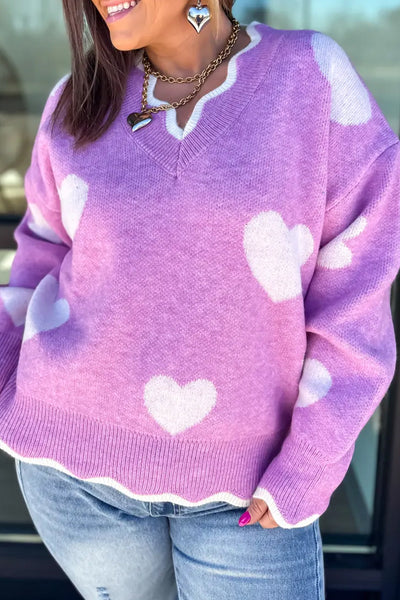 Plus Size Women's Cozy Purple Scalloped V-Neck Sweater with Heart Design Stylish Knitwear for Any Occasion
