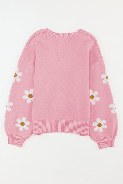 Trendy Women's Pink Floral Drop Shoulder Sweater - Cozy Knit for Effortless Casual Style and All-Day Comfort