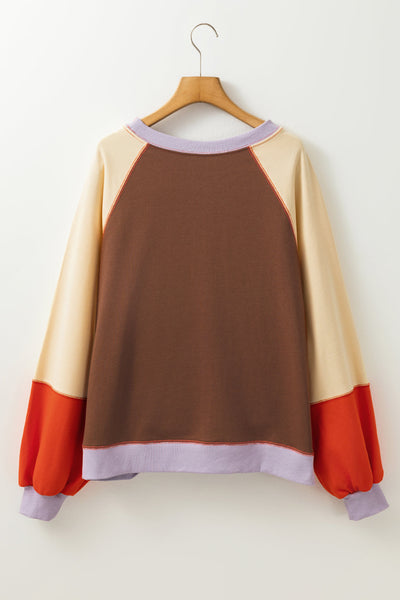 Women‚Äôs Casual Orange Color Block Raglan Sleeve Top with Side Slits - Relaxed Fit for Effortless Style