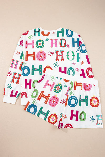 Plus Size Women's White Christmas Ho Ho Ho Print Long Sleeve Lounge Top & Shorts Set - Festive Comfort Outfit