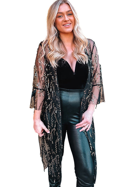 Women's Black Sequin Sheer Long Sleeve Open Front Kimono