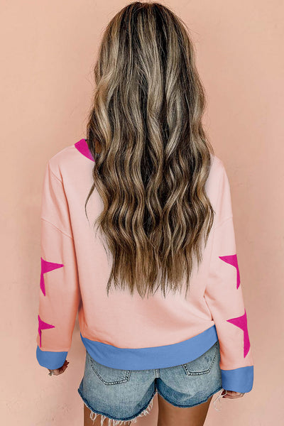Trendy Light Pink Oversized Sweatshirt for Women with Star Patchwork & Exposed Seams Cozy Everyday Essential