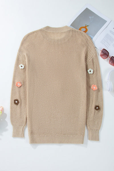 Cozy Women's Floral Embroidered Knit Sweater in Parchment - Loose Fit for Casual Outings and Everyday Comfort