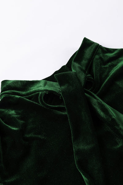 Elegant Women's Blackish Green Velvet Blouse with Mock Neck, Puff Sleeves - Stylish & Comfortable Fashion Top