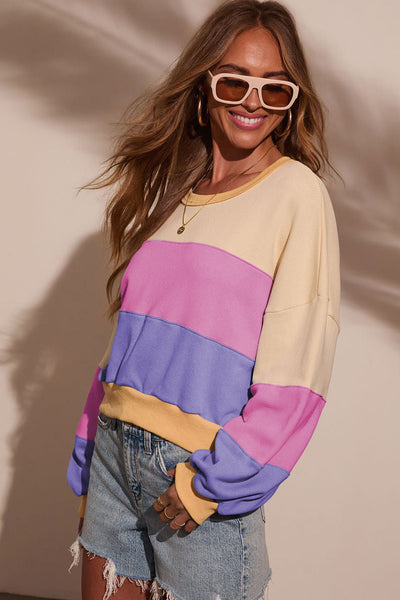 Trendy Women's Color Block Cropped Sweatshirt with Drop Shoulders in Chic Patchwork Design for Casual Comfort