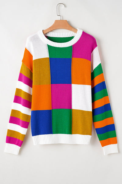 Cozy Women's Orange Checkered Color Block Sweater - Loose Fit Round Neck Knit Top for Effortless Casual Chic