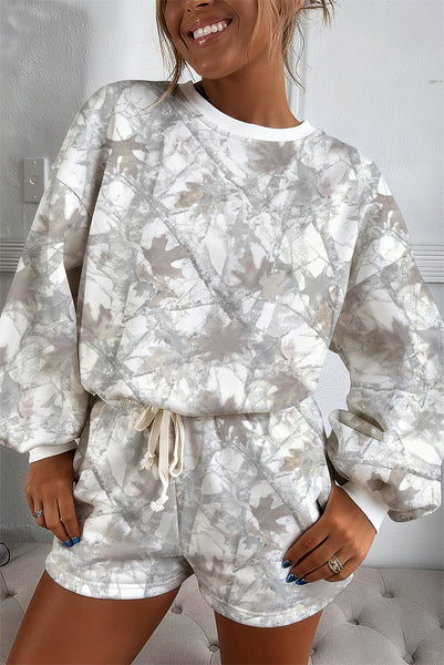Women's Light Grey Woodland Camo Pullover and Drawstring Shorts Set with practical styling and dependable silhouette control.