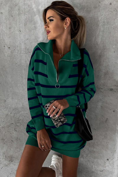 Trendy Women's Green Striped Sweater Dress with Flattering Fit for Casual and Dressy Events - Perfect for Any Occasion!