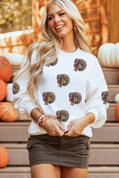 Women's Embellished Sequin Turkey Sweatshirt in White Cotton-Poly