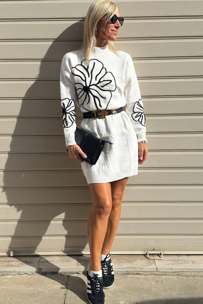 Chic Women's White Floral Embroidered Mini Dress with Mock Neck - Perfect Sweater Style for Spring & Summer Outings
