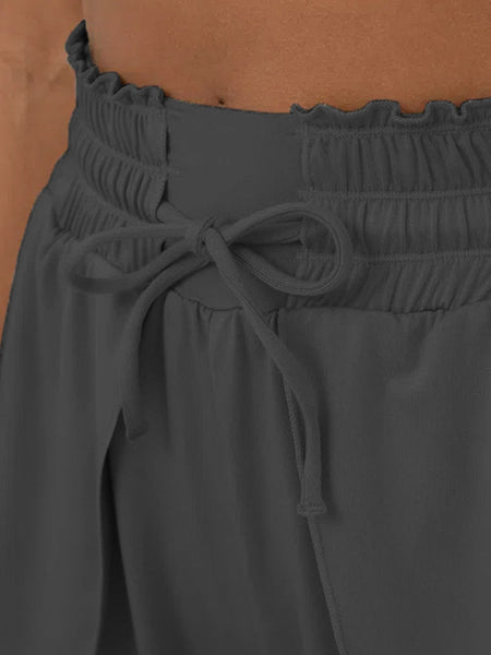 Dark Charcoal Ruffle High Waist Blossom Tie Swim Shorts