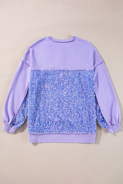 Women's Trendy Lilac Sequin Patchwork High Low Henley Sweatshirt - Stylish and Comfortable Pullover for Effortless Chic