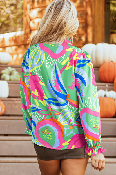 Chic Women's Green Abstract Print Blouse with Ruffled Sleeves and V-Neck - Stylish Everyday Top for Effortless Elegance