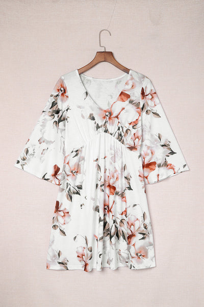 Printed Lace Up Lapel Waist Short Sleeved Midi Dress
