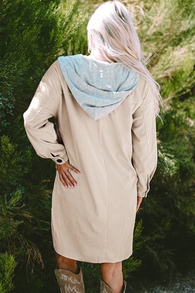 Trendy Women's Oversized Beige Hooded Corduroy Shacket - Cozy Layering Jacket with Stylish Contrast Design