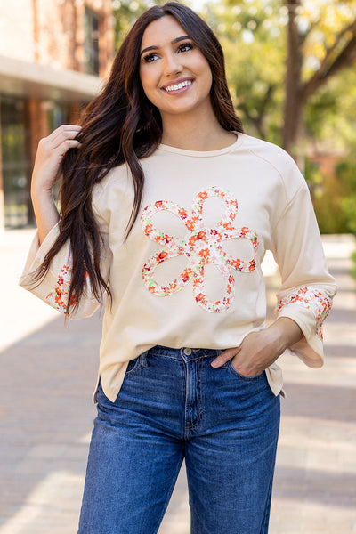 Women‚Äôs Beige Floral Graphic Blouse with Exposed Seams and Wide Sleeves - Perfect for Casual Chic Style
