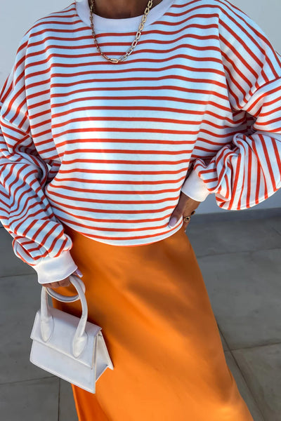 Cozy Women's Orange Striped Drop Shoulder Sweatshirt - Relaxed Fit Crew Neck for Effortless Casual Style
