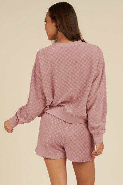 Women's Stylish Blossom Checkered Long Sleeve Top and Shorts Set - Comfortable Spring Outfit for Effortless Chic