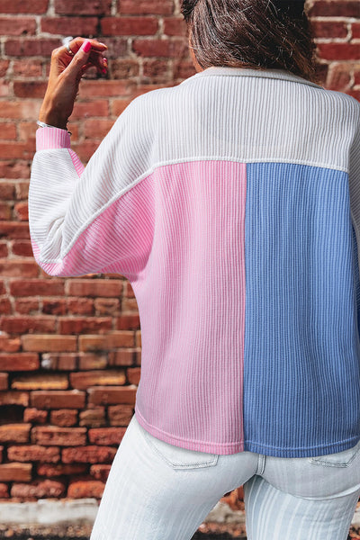Women's Cozy Multicolor Color Block Waffle Knit Long Sleeve Top with Button Neck - Perfect for Casual Everyday Style