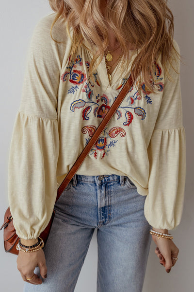 Women's Stylish Apricot Floral Embroidered V-Neck Blouse - Comfortable Fit for Effortless Spring Fashion