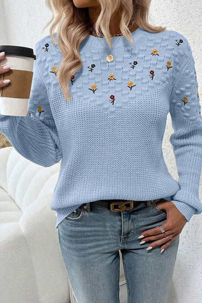 Women's Beau Blue Casual Sweater - Stylish Mixed Texture with Flower Embroidery for Comfortable Everyday Wear