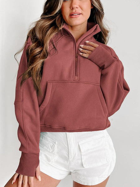 Cozy Brown Zip Up Sweatshirt with Stand Collar and Thumbhole Sleeves