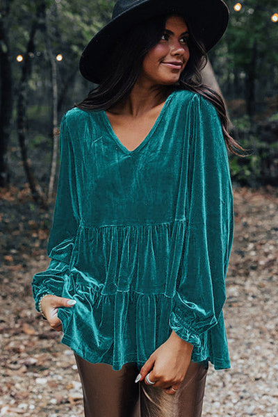 Chic Sea Green Velvet V-Neck Blouse with Puff Sleeves and Peplum Hem for Women‚Äôs Elegant Casual Style