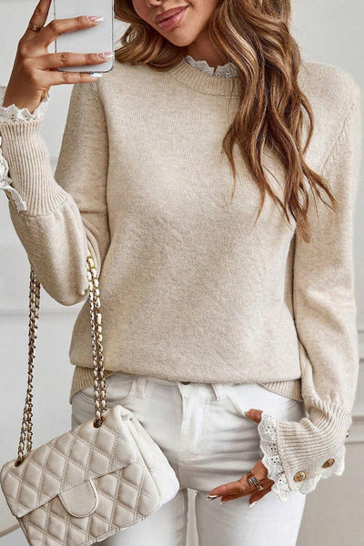 Cozy Women's Relaxed Fit Jet Stream Sweater with Lace Trim and Buttoned Cuffs for Effortless Chic Style